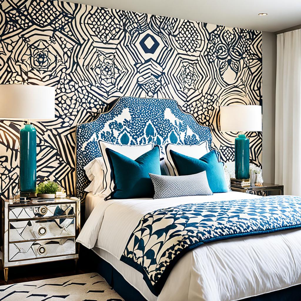 Statement headboards in eclectic bedroom