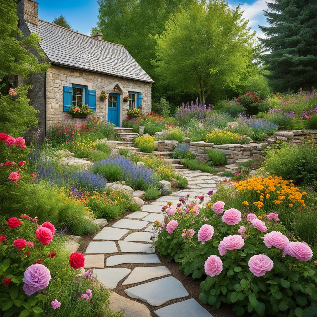 Stone cottage gardens with wildflowers