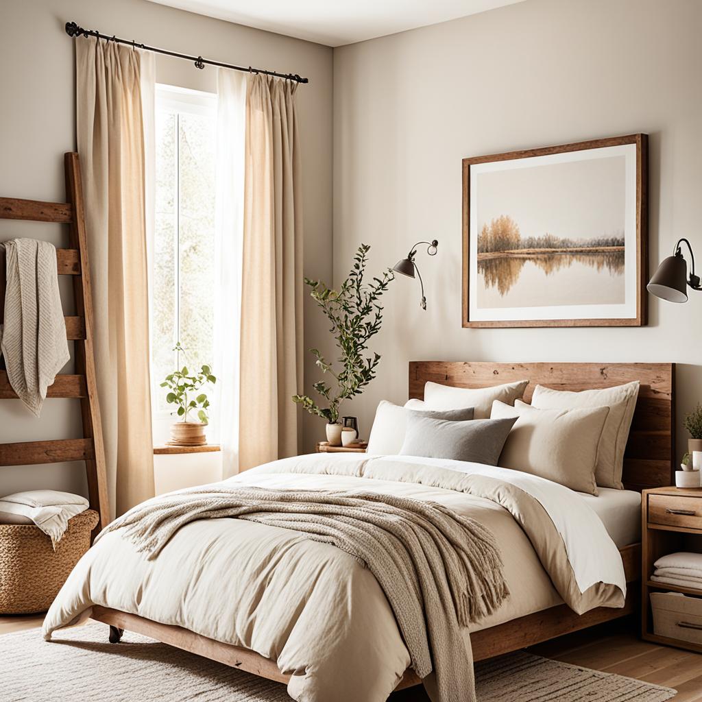 Wood accents in beige bedroom