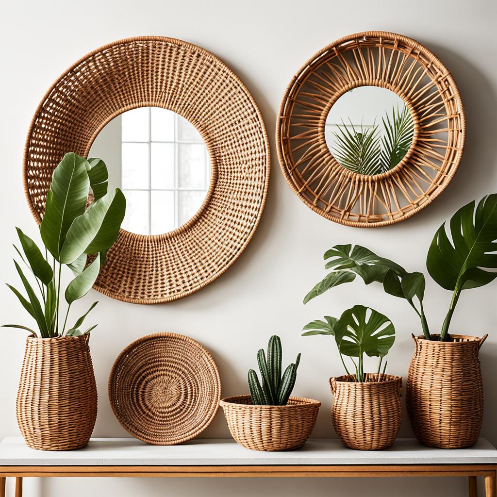 Woven baskets and rattan mirrors